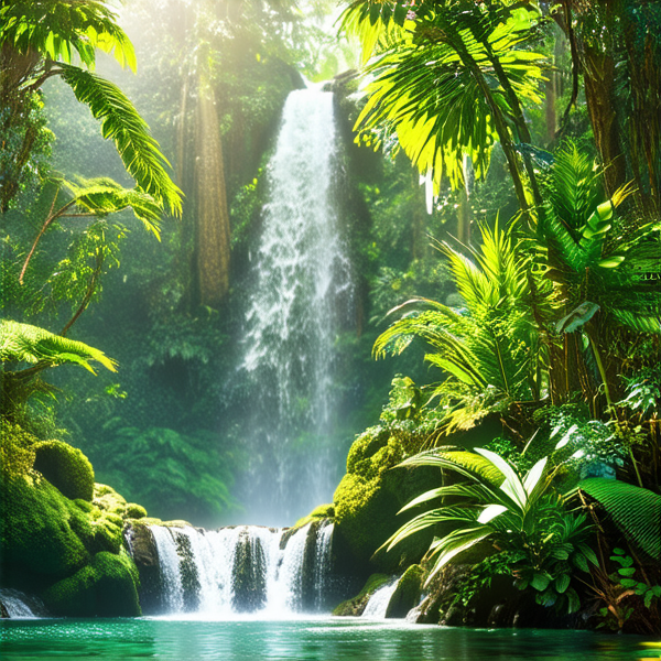 forêt tropicale luxuriante avec une biodiversité riche, cascades scintillantes et rayons de soleil perçant la canopée