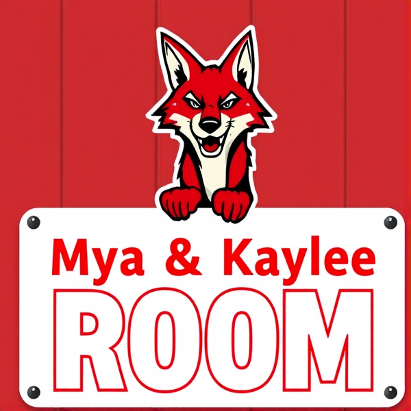 Custom-designed door sign featuring 'Mya & Kaylee's Room' in playful yet bold font, adorned with the University of South Dakota Coyotes mascot. The primary color scheme is red and white, capturing the essence of the university's branding. The typography should be engaging and kid-friendly, while also showcasing a collegiate vibe suitable for a university setting. The coyote mascot should be depicted in a dynamic and friendly manner to match the playful tone of the sign.