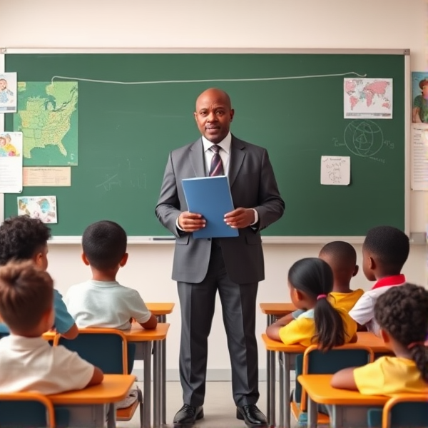 Directeur d'école afro-américain debout tenant un classeur dans ses mains portant un costume formel, dans une salle de classe avec un tableau vert, s'adressant  à un groupe d'élèves afro-américaines attentives de huit ans assises à leurs pupitres. Ils sont entourés de matériel pédagogique adapté à leur âge, comme des cartes géographiques, des affiches éducatives et des dessins d'enfants accrochés aux murs. La scène dégage une atmosphère chaleureuse et encourageante.