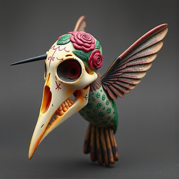 Humming bird skull and body that is decorated like a sugar skull