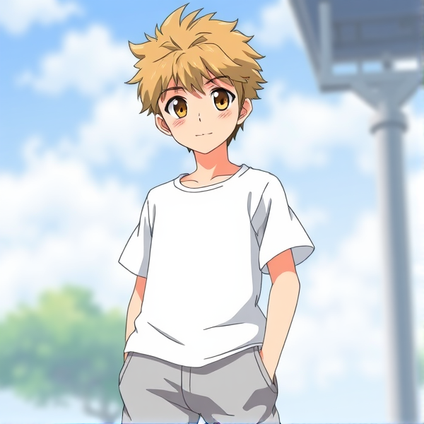 Jeune garçon de 17 ans aux cheveux marron clair fluffy avec des yeux marrons, vêtue d'un t-shirt blanc et d'un jogging gris clair assorti, le tout dans un style animé rappelant les personnages d'Inazuma Eleven