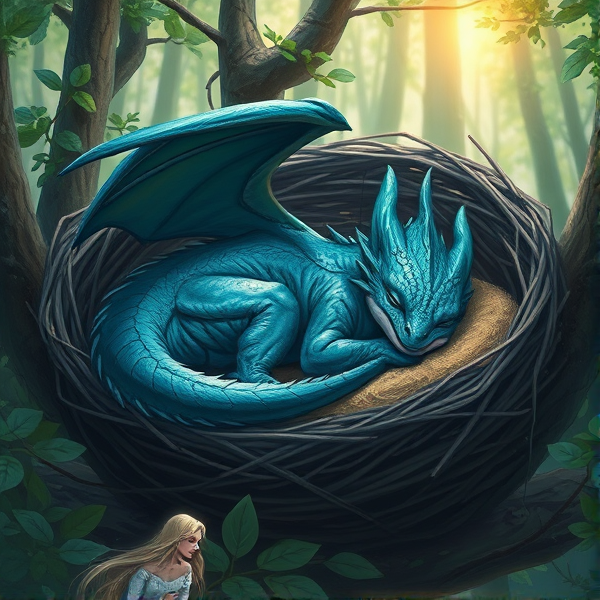 A Cyan and Black Baby dragon sleeping in a nest in a beautiful forest with a princess with blonde hair
