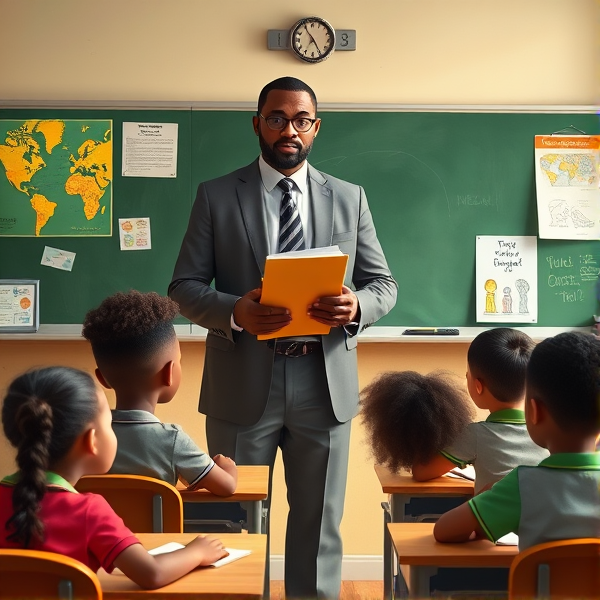 Directeur d'école afro-américain debout tenant un classeur dans ses mains portant un costume formel, dans une salle de classe avec un tableau vert, s'adressant avec bienveillance à un groupe d'élèves afro-américaines attentives de huit ans assises à leurs pupitres. Ils sont entourés de matériel pédagogique adapté à leur âge, comme des cartes géographiques, des affiches éducatives et des dessins d'enfants accrochés aux murs. La scène dégage une atmosphère chaleureuse et encourageante.