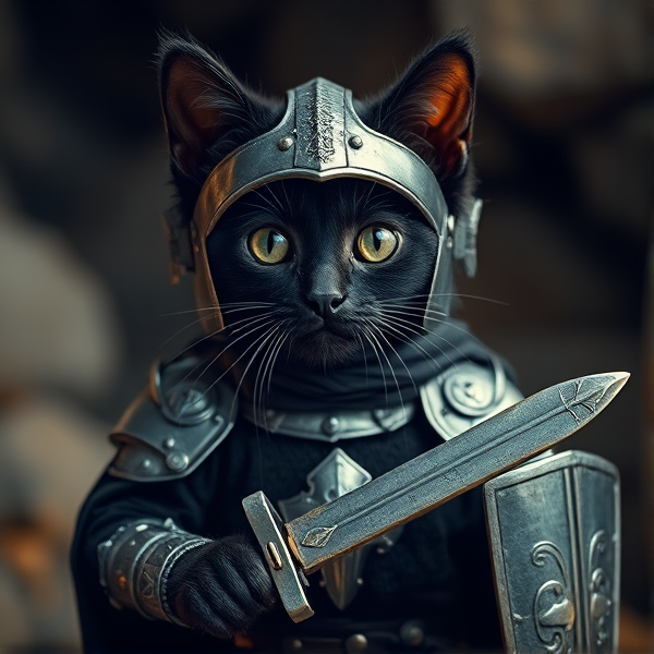 Black kitten dressed as a knight
