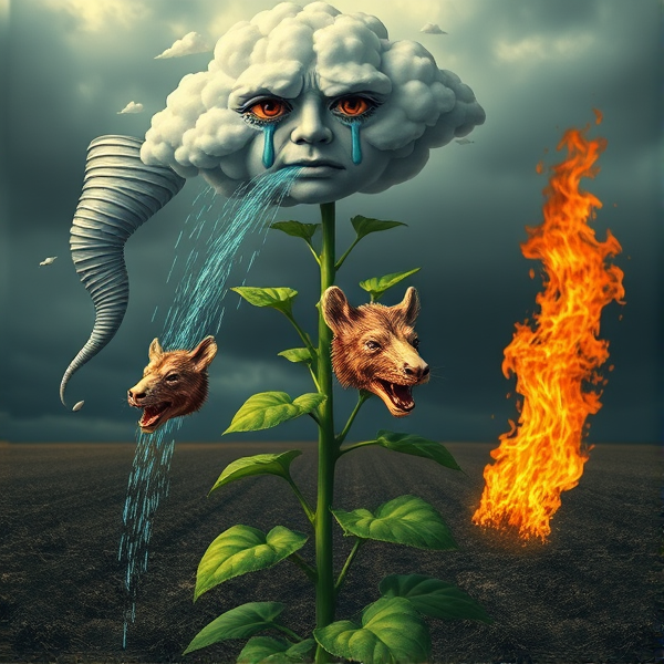 A plant with beast heads for flowers. The plant is being watered by a crying sad cloud with a human face and a tornado coming towards the plant and on the other side is a fire coming towards the plant