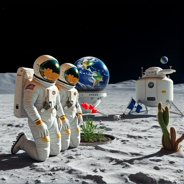 Trois astronautes, un humain et deux extraterrestres, posent sur la surface lunaire; à gauche, un extraterrestre avec des cheveux bleu émeraude opulents flottant dans l'espace derrière un casque d'astronaute transparent. Ils arborent des combinaisons spatiales blanches avec des ornements dorés complexes et des incrustations perlées scintillantes ainsi que des détails chromés brillants. Des écussons représentant les emblèmes de leurs missions respectives sont visibles sur leur tenue. Ils s'agenouillent sur le régolithe lunaire qui scintille sous l'éclat de leurs équipements. À côté, une créature extraterrestre bienveillante aux reflets iridescents diffuse un kaléidoscope de couleurs cosmiques. Dans un biodôme conçu en matière lunaire modifiée, un astronaute plante méticuleusement des graines de pavot dans un jardin hydroponique sous une lumière artificielle simulant le spectre solaire pour la photosynthèse terrestre. Les visières réfléchissantes des casques montrent le paysage désolé lunaire tandis que les gants technologiques facilitent la manipulation d'instruments scientifiques spécialisés. En arrière-plan se profile un module lunaire stylisé avec le symbole du Québec gravé dessus et offrant une vue spectaculaire sur la Terre colorée depuis sa fenêtre. Autour se trouvent des instruments scientifiques modernes tels que capteurs environnementaux et moniteurs intelligents pour plantes près de panneaux solaires disposés efficacement. Un fanion du Manchester City Football Club est placé à proximité du module résidentiel comme symbole de l'alliance entre sport et conquête spatiale. Le relief est marqué par d'impressionnants cratères et monticules lunaires qui contrastent avec ces structures futuristes humaines en territoire extraterrestre. Une douce lumière diffuse baigne la scène sous un ciel nocturne étoilé allant du noir profond au bleu outremer intense. Près du biodôme flotte fierement le drapeau acadien, et non loin se trouve stationné un vaisseau spatial extraterrestre avancé entouré par divers êtres cosmiques pacifiques rassemblés autour, accompagnés d'un drone sophistiqué proche du fanion québécois. Des cactus lunaires ajoutent une touche de biodiversité exotique à cette colonie intergalactique accueillante