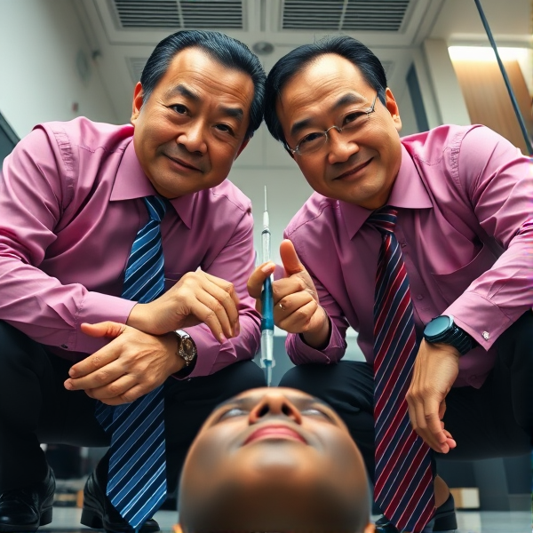 2 Hommes d affaire senior japonais accroupis avec longue cravate rayée bleuté et rouge    , il regarde la caméra et domine en piquant avec une seringue sa tête hors champ de vision 
Vue contre plongée
Chemises rose foncée 
Sourire léger