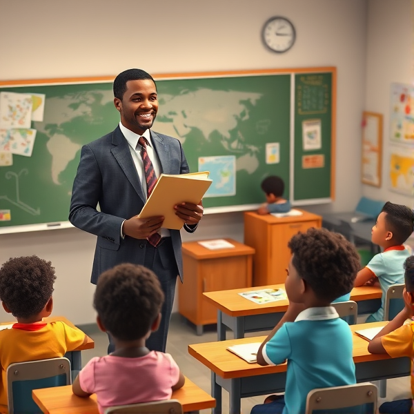 Directeur d'école afro-américain debout tenant un classeur dans ses mains portant un costume formel, dans une salle de classe avec un tableau vert, s'adressant avec bienveillance à un groupe d'élèves afro-américaines attentives de huit ans assises à leurs pupitres. Ils sont entourés de matériel pédagogique adapté à leur âge, comme des cartes géographiques, des affiches éducatives et des dessins d'enfants accrochés aux murs. La scène dégage une atmosphère chaleureuse et encourageante.