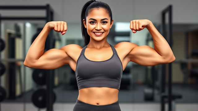 Confident young Latina woman in her mid-20s performing a powerful front double bicep pose, her defined muscles glistening with a light sheen of sweat, emphasizing the strength and hard work behind her physique. She sports an enthusiastic expression, eyes sparkling with determination and a slight smile playing on her lips, radiating confidence. She is clad in form-fitting high-waist yoga pants and a matching tight long sleeve crop top that accentuates her toned midriff. Her impressive biceps, the size of baseballs, are highlighted by the gym's strategic lighting. The simple gym background consists of weight racks and mirrors that further focus attention on her formidable form, devoid of any distractions. Her hair is pulled back in a practical ponytail, completing this portrait of athletic prowess.