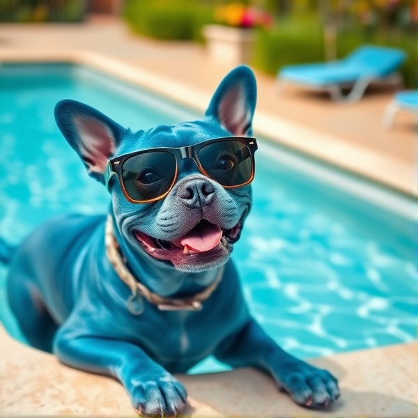 A cute blue staffy By the pool with sunglasses