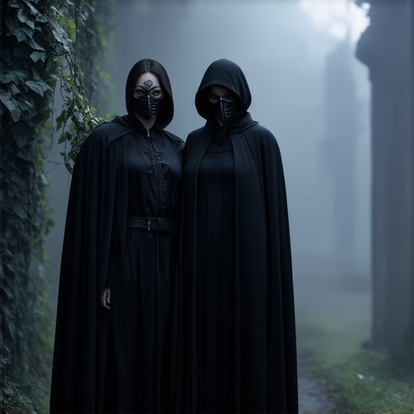 Un homme et une femme, debout côte à côte, vêtus élégamment de noir. Chacun porte une longue cape, une capuchequi couvre la tête et tombe gracieusement sur le corps, ajoutant une touche de mystère. Leurs visages sont dissimulés derrière des masques noirs intégraux, évoquant un air de mystère et d'élégance. La scène est baignée dans une lumière douce qui met en valeur les nuances pourpres des capes et le contraste saisissant avec leur tenue noire.