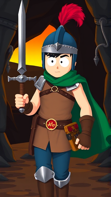 Stan Marsh from South Park, light skin and black hair, but as a 14-Year Old teenager with an extremely muscular torso, dressed as a medieval knighted warrior with a light brown tank top, a black belt with a red buckle adorned with a castle emblem, with a few pouches and the scabbard for his sword attached to it, blue jeans, steel armored boots, jeweled wrist cuffs, a big green cape, and a blue helmet with one silhouetted buffalo head emblem on both sides, outlined by silver steel rims lined around and across the top, with a long red feather sticking out at the top, now known as Sir Marsh. Despite still being a teenage kid, he is the Youngest Commander of the Zaronian Army, and one of the youngest and greatest heroes hailing from South Park, Colorado, but now reborn as the real life Kingdom of Kupa Keep, Zaron. His weapon is the legendary enchanted sword called the Slashing Blade Of The Ranger, which he swings with pride as he slashes his enemies down to size. The young teenage warrior knight is currently walking through a dark cavern, on a quest to find a mysterious enchanted artifact.