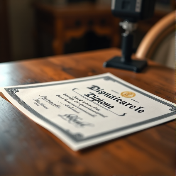 Diplôme écrit en français posé sur une table