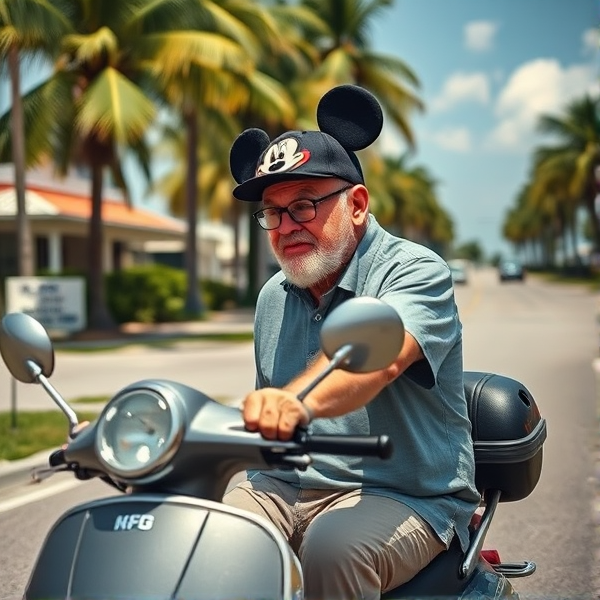 Ryan Kinel - RK Outpost is a old man on a scooter driving in Florida in a hot summer day wearing a Mickey mouse hat.