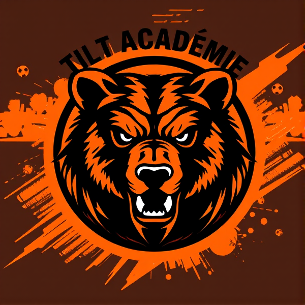 Créez un logo d'équipe de soccer captivant avec un grizzly menaçant comme motif principal. L'emblème, central et imposant, représente un ours féroce aux yeux perçants, incarnant force et détermination. Les couleurs prédominantes sont un orange vibrant et un noir profond, créant un contraste saisissant qui symbolise l'énergie et l'intensité du sport. Le logo a une forme circulaire parfaite, encadrée d'une bordure noire épaisse et robuste qui lui donne de la substance et du poids visuel. Au-dessus du cercle se trouve le texte "Tilt Académie" écrit en caractères audacieux et modernes, avec une typographie épurée pour faciliter la lecture tout en ayant une présence forte.

L'arrière-plan est habilement stylisé pour évoquer le mouvement et la passion liés au soccer ; il peut s'agir d'illustrations abstraites représentant des traînées dynamiques ou des motifs évoquant une vitesse fulgurante. Des éléments de football subtils sont intégrés dans le design pour renforcer le thème sans surcharger le visuel : pensez à des contours suggestifs de ballon de soccer ou à des silhouettes abstraites de joueurs en action disséminées autour du grizzly.

La composition globale doit respirer la vitalité et exsuder une présence forte, capable d'inspirer tant les joueurs que les supporters. L'objectif est d'avoir un impact immédiat tout en restant intemporel, afin que l'emblème reste pertinent saison après saison.