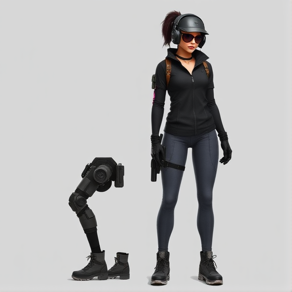 Molly’s gear is a fusion of futuristic technology and urban street fashion, perfectly tailored for her role as a stealth operative. Her headgear includes a sleek matte-black headset with Inner Ear Monitors (IEMs) and an Augmented Reality (AR) monocle that displays critical data and offers thermal and night vision capabilities. Her form-fitting jacket, black with purple and silver accents, is lightweight yet durable, featuring hidden compartments and sensors that monitor her vitals and surroundings.

Her lower body is equipped for both protection and enhanced mobility. She wears grey yoga pants reinforced with nanofiber weaves, paired with a high-tech brace on her left leg. This brace supports her movements with mini-servos and sensors, allowing for greater agility and balance. Molly’s boots are sturdy, flexible, and equipped with noise-cancelling technology, ensuring she can move silently across any terrain. 

Molly’s accessories and arm gear further enhance her capabilities. She sports multi-functional gloves with haptic feedback and a pair of wrist-mounted devices that serve as control panels and defensive tools. Her utility belt and choker are both functional and stylish, with the belt holding essential tools and gadgets, while the choker serves as a communication device. Molly’s overall look blends style, technology, and practicality, enabling her to execute missions with precision and flair.