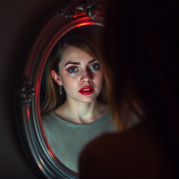 woman looking in mirror panic haloween