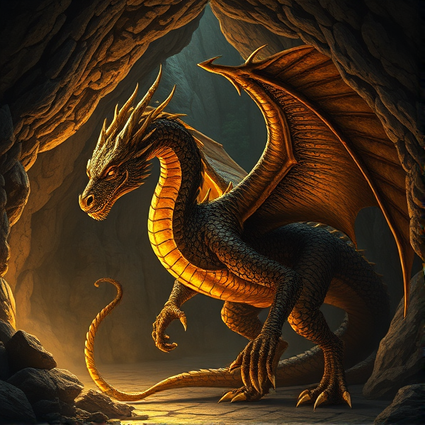 A fantasy style of a dark gold dragon in a cave