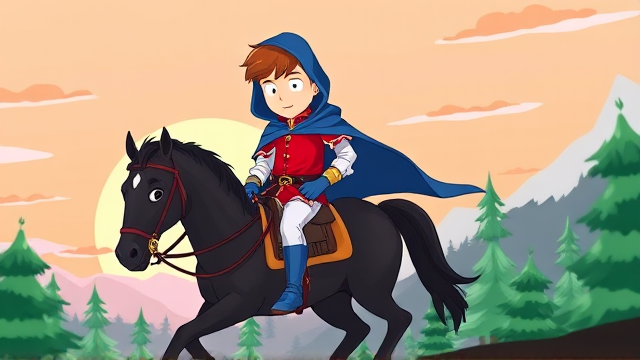 Clyde Donovan from South Park, light skin and brown hair, but as a 14-Year Old, dressed as a medieval prince with a red shirt with white sleeves, a black belt with a gold buckle, white pants, blue boots, blue long-cuffed gloves, and wreathed in a big blue hooded cape, now known as Prince Donovan. Despite still being a kid, he is the Youngest Ruler of South Park, Colorado, but now reborn as the real life Kingdom of Kupa Keep, Zaron, and Prince Donovan is its youngest and greatest hero. The young teenage prince of Kupa Keep is currently mounted on his noble steed, a majestic black horse named Nightingale, riding through the forest, on a quest to find a mysterious enchanted artifact.