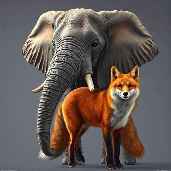 A chimera that blends the grandeur of a noble African elephant's head with its distinctive deep wrinkles and textured gray skin, topped with large, soulful eyes that exude intelligence, onto the sleek and toned body of an amber-red fox. The fox's fur is alive with vivid reds and glittering golds, capturing the play of light with its lustrous sheen. Its stance is dynamic, embodying the readiness to dash or pounce as befits its wild grace, all portrayed with striking realism to honor the intricate details of this mythical amalgamation.