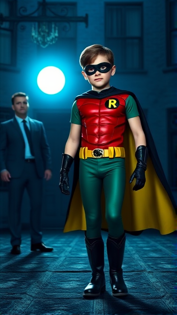 Movie Scene: A preteen 12-year old boy with light skin and dark brown hair named Connor Bardley, but dressed as Robin, The Boy Wonder, with an extremely muscular body, a sleek green suit with a red torso with a black circle with a yellow R symbol on his left pectoral, a gold utility belt, black boots, black long-cuffed gloves, a big, ankle-length, ultra-wide cape that's black on the outside and yellow on the inside, and a black eye mask, standing in an abandoned house at night, looking for clues to the mystery he is trying to solve.