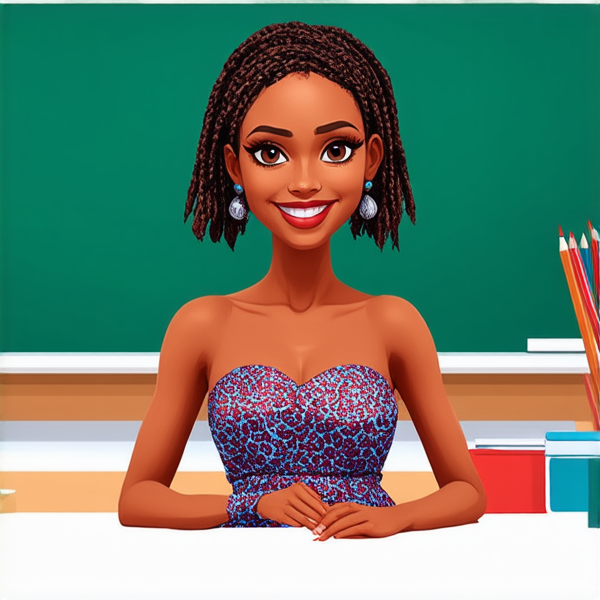 Une institutrice africaine élégante de 50 ans avec des tresses africaines traditionnelles, vêtue d'une robe africaine se tient debout devant un tableau noir dans une salle de classe lumineuse et bien rangée, souriante et prête à enseigner. Elle est entourée d'élèves noirs âgés de 10 ans et de fournitures scolaires typiques comme des livres, des cahiers et des crayons, accentuant son rôle d'éducatrice.