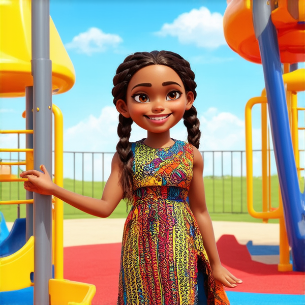 Jeune fille africaine de 8 ans, portant des tresses traditionnelles serrées et élaborées, vêtue d'une robe colorée avec des motifs ethniques, souriante et rayonnante de joie, debout au centre d'une cour de récréation ensoleillée avec des équipements de jeux colorés en arrière-plan