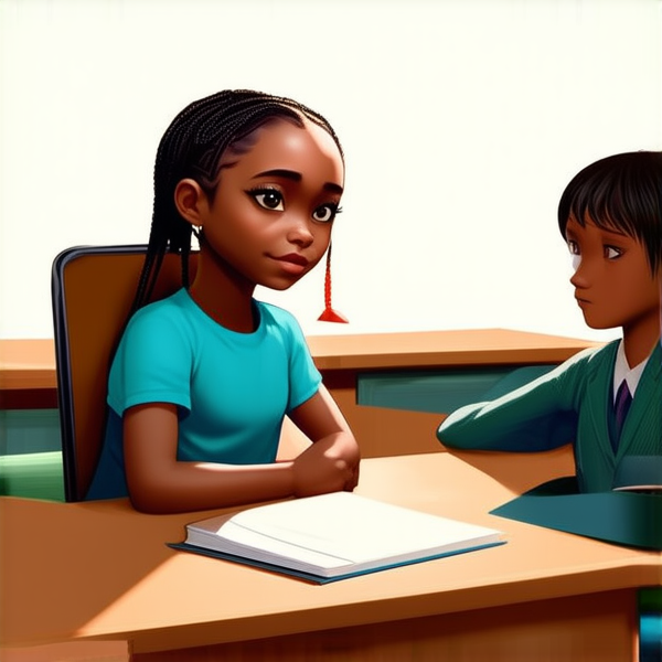 jolie petite fille noire de 8ans en robe avec des tresses africaines assise sur un bureau dans une salle de classe