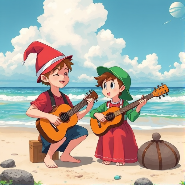 Maker and Medli playing a song on the beach