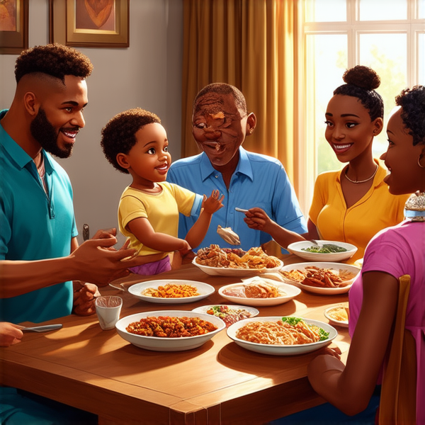 Repas de famille afro-américaine chaleureux et convivial, avec un grand assortiment de plats traditionnels soul food sur une grande table en bois, entourée de membres de la famille riant et partageant des moments ensemble dans une salle à manger bien éclairée et décorée pour l'occasion