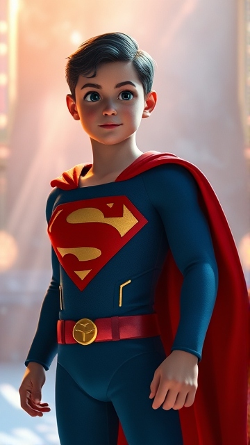 1990's Cinematic Movie Scene: Jon Kent, AKA Superboy, the young little 12-year old super son of Superman, and the first kid to be born as the world's first Half-Kryptonian child. Despite being a kid, he has all of his father's powers, with an extremely muscular body, the iconic costume, the singular curled bang sticking out at the front of his flat and smooth black hair, and a long cape. The young little Half-Kryptonian, Jon Kent, now Superboy, stands in his secret icy crystal lair in the Arctic, the Fortress Of Solitude, ready for action as he prepares to take flight for the first time so he can honor his deceased father's legacy and fulfill his destiny.