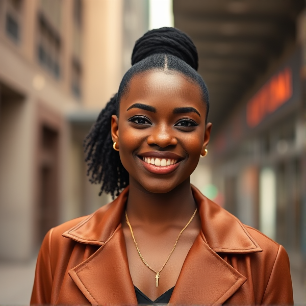beautifull young African American woman with a vibrant smile, stylishly dressed in modern fashion, posing confidently against an urban background