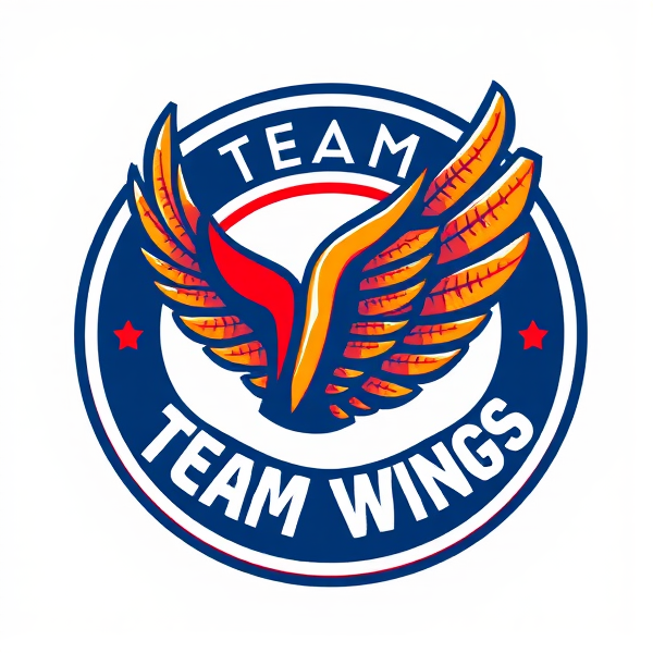 Logo rond et stylisé pour un club de football intitulé "Team Wings", intégrant au centre des ailes de poulet grillées à la perfection, d'un brun doré appétissant, avec une texture croustillante visible et alléchante, rehaussées par des reflets lumineux suggérant leur jutosité. Le tout entouré d'une typographie moderne et dynamique reflétant l'esprit sportif du club, avec une palette de couleurs bleu blanc rouge et contrastées mettant en valeur le design sans surcharger l'ensemble.