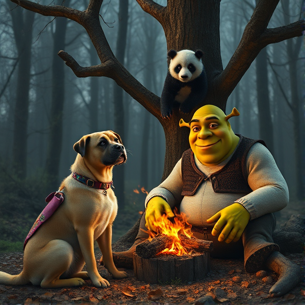 Dog siting next to handsome shrek around a fire under a pandas tree