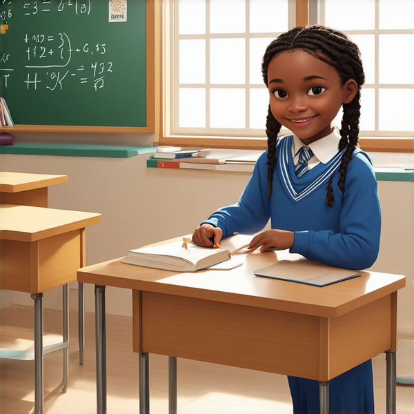 jeune fille noire de 10 ans, vêtue d'un uniforme scolaire des tresses africaines, debout souriante et concentrée devant un tableau noir rempli de calcul mathématique dans une salle de classe ensoleillée et colorée avec des bureaux en bois et des affiches éducatives sur les murs