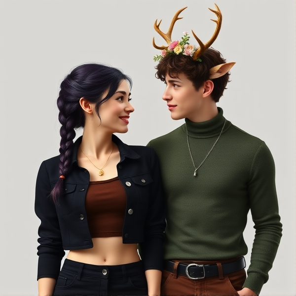 A woman with fair skin and dark dark purple hair braided into a single braid. She has short small black horns that barely poke out past her hair. She has a gold necklace. She wears a cropped black jacket with silver buttons, a brown crop top underneath, and high waist black pants. Next to her is a pale skinned man, slightly taller than her, with short brown very curly hair. He has deer antlers with flowers on then and a deer nose. He has a silver necklace. He wears a green turtleneck and brown pants. They are in love, looking at eachother and laughing