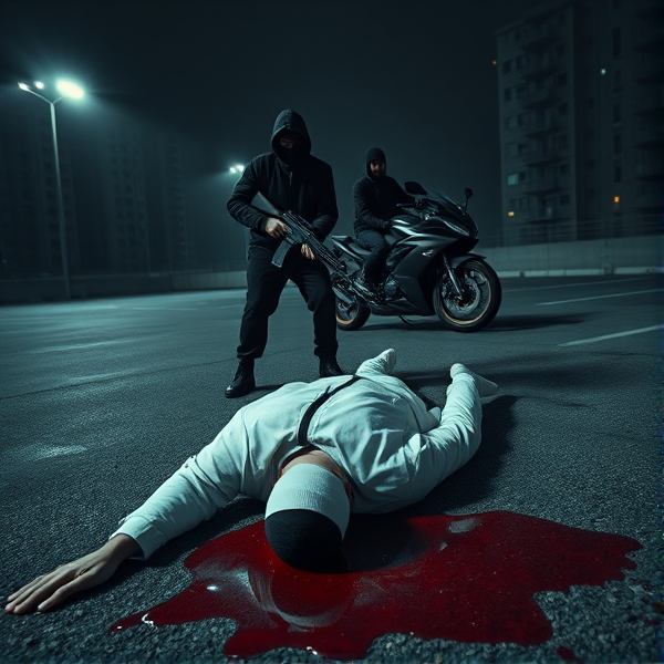 Scene Description:
The scene is set in a dimly lit, gritty urban parking lot at night. In the background, there are tall, imposing HLM (low-income housing) blocks, their windows dimly lit, casting a foreboding atmosphere over the scene.

Main Subject:
In the foreground, a man dressed in a white tracksuit lies face-down on the rough asphalt. His head is turned downwards, making his face invisible, adding to the mystery and anonymity of the image. His arms are straight by his sides, lifeless, as he lies in a large, dark pool of blood that contrasts sharply with his white outfit.

Antagonists:
Standing over the fallen man is a menacing figure dressed entirely in black. This person is wearing a balaclava that completely conceals their identity. They are holding an AK-47, pointed directly at the man on the ground, ready to fire or having just fired. The figure’s posture is tense and purposeful, conveying a sense of danger and immediacy.

In the background, another figure, similarly dressed in black with a balaclava, is seated on a sleek black motorcycle. The motorcycle is positioned diagonally, facing slightly towards the viewer, as if ready to make a quick escape. The rider watches the scene, adding an element of impending action or retreat.

Lighting and Atmosphere:
The lighting is low, with a few harsh, artificial streetlights illuminating the parking lot, casting long, deep shadows. The atmosphere is cold, tense, and foreboding, with the dull glow from the distant HLM buildings adding a sense of urban desolation. The overall mood is one of danger and despair, heightened by the stark contrast between the white tracksuit and the dark environment.

Color Scheme:
The color palette should emphasize the contrast between light and dark: the bright white of the tracksuit, the deep red of the blood, the black of the antagonists’ clothing and motorcycle, and the muted grays and browns of the urban setting.

Composition:
The composition should draw the viewer’s eye from the fallen man in the white tracksuit to the armed figure standing over him, then towards the figure on the motorcycle in the background, creating a triangle of tension. The tall HLM buildings in the background should loom over the scene, adding to the oppressive atmosphere.