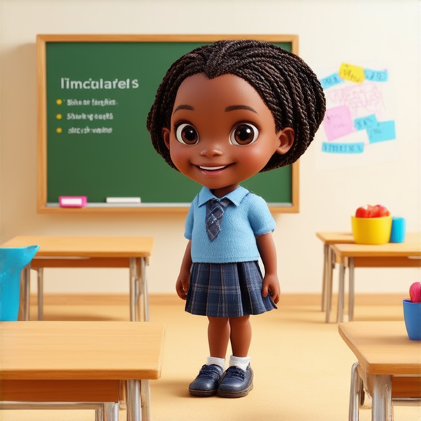 jeune fille noire de 10 ans, vêtue d'un uniforme scolaire des tresses africaines, debout souriante et concentrée devant un tableau noir rempli de regles d'orthographe en français  dans une salle de classe ensoleillée et colorée avec des bureaux en bois et des affiches éducatives sur les murs