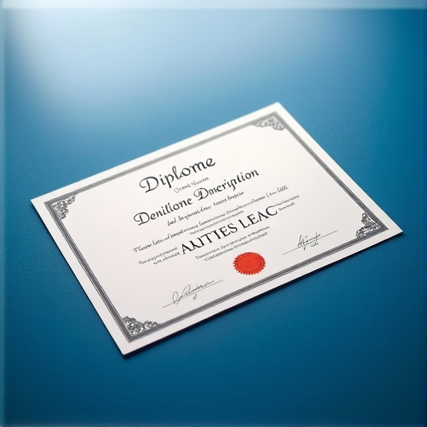 Diplôme écrit en français posé sur une table  bleue