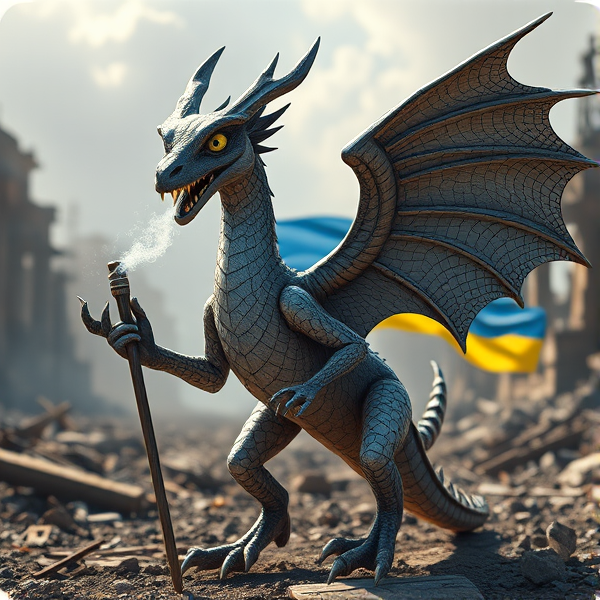 An exquisitely crafted wyvern, sleek and aerodynamic, with a pair of majestic wings adorning either side of its sinewy frame. Its scales are a marvel of complexity, akin to miniature circuit boards with interwoven lines that pulsate with an artificial glow, simulating the rhythmic beat of life. Plumes of digital smoke waft from its nostrils in sync with the deep, vibrating growls that reveal razor-sharp fangs aglow with electrical energy. Clutched in its clawed hand is a Caduceus staff, symbolizing healing and commerce. To honor cultural heritage and solidarity, elements reflective of the Ukrainian flag's blue and yellow hues are weaved into the creature's design. The wyvern stands dominant against a backdrop of stark ruin and decay characteristic of a world after collapse; in the distance unfurls the Ukrainian flag—halved horizontally, celestial blue atop vibrant yellow.