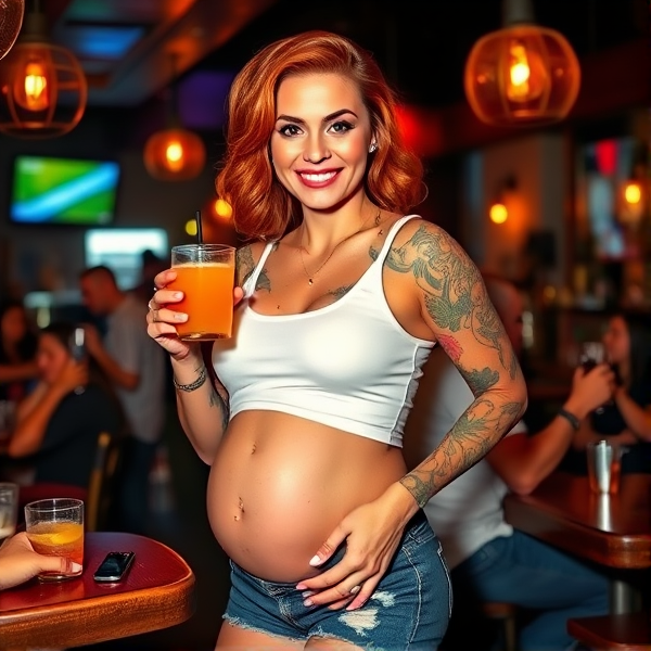 A radiant woman with voluminous auburn hair styled in soft waves, showcasing an artistic collection of vibrant tattoos covering her arms and shoulders. She's clad in a trendy ensemble: figure-hugging denim shorts and a sleek, sleeveless white tank top that gracefully outlines her pronounced pregnant silhouette. Her face is alight with a playful yet confident smile as she strikes a pose in the midst of an animated bar atmosphere bathed in cozy ambient lighting. Echoes of laughter, the chime of toasting glasses, and the buzz of spirited chatter envelop her. With one hand cradling her belly and the other cheerfully raising a mocktail, she exudes joy within the dynamic social milieu.
