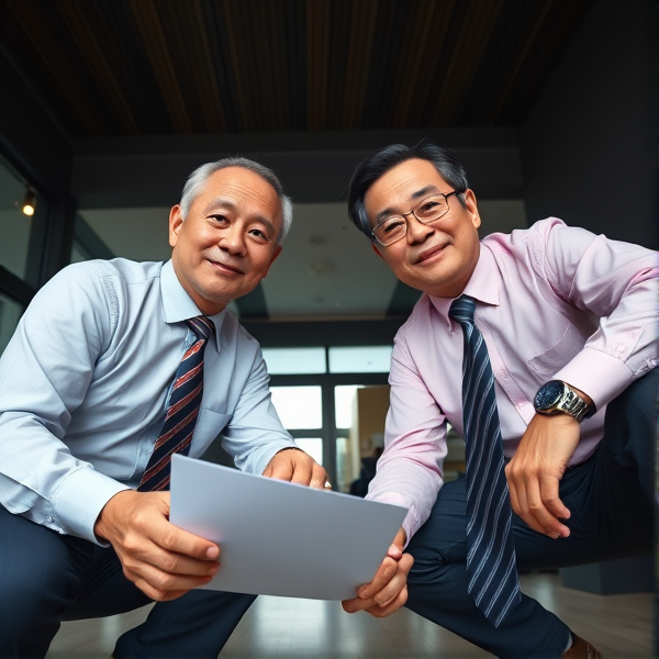 Deux hommes d affaires japonais senior accroupis qui regardent la caméra 
Chemise rose foncée et longue cravate rayée large. Obéir aux businessmen aux doigts et à l’œil est un must 

Vue contre-plongée