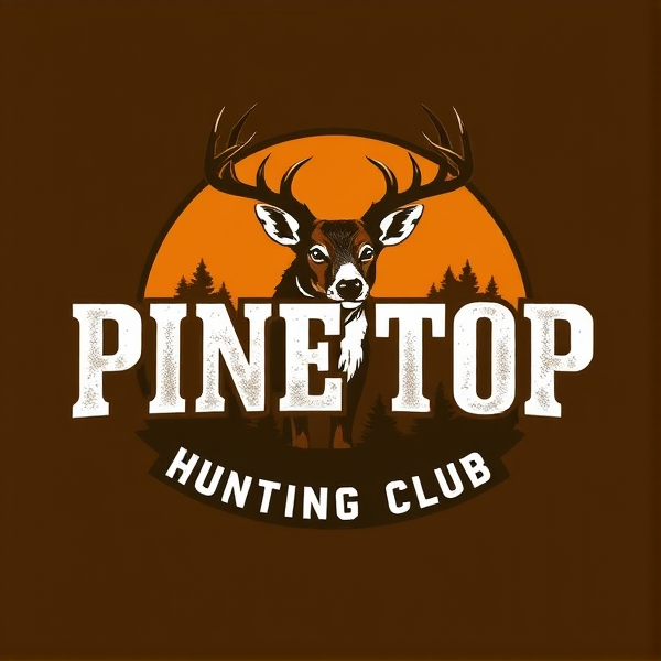 Make me a hunting logo for my hunting club! The hunting  club name is “Pine Top Hunting Club “! We hunt deer using hound dogs ! The reason why the club name is called Pine Top is because that the land have a lot of pine trees that we hunt on. We use shotguns to hunt deer . Pine Top Hunting Club should be on the logo! The logo is going on a a hat. Put a hound dog on the logo.