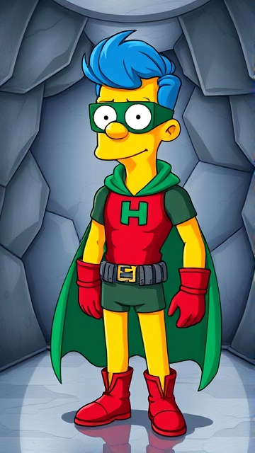 Milhouse Van Houten from The Simpsons, with his yellow skin, really big round nose, and blue hair that's slicked back and curled up at the top, but as a tall, 18-year old teenager, dressed as a parody of Robin, The Boy Wonder, with an extremely muscular torso and arms, a dark green bodysuit with a red torso adorned with a green H symbol on his chest, a grey utility belt, red boots, red long-cuffed gloves, a big, heel-length long, ultra-wide green cape, and a green eye mask with optical lenses in it, now known as Houseboy, The Nerd Wonder, the other half of Springfield's Dynamic Duo, and one of the greatest vigilante superheroes ever known in Springfield. He is currently standing in his secret high-tech underground lair, ready for action.