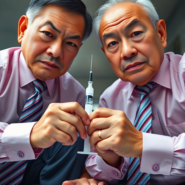 Deux hommes d'affaires chinois âgés sont accroupis côte à côte. Ils portent des longues cravates soyeuses aux motifs de rayures bleues et rouges, nouées parfaitement. Ils regardent droit dans l'objectif avec assurance, affichant des expressions graves.. Chacun appuie  fermement sur une seringue hypodermique  plantée dans ce qui semble être une tête hors champ. La prise de vue en contre-plongée accentue leur stature dominante et imposante. Leurs chemises sont d'une teinte subtilement rose, apportant un contraste raffiné à leur tenue formelle. Les sourcils froncés et le regard perçant donnent à leur apparence un air intimidant qui évoque une certaine froideur implacable. Ensemble, ils pressent la seringue avec force, suggérant une destruction métaphorique du "cerveau" auquel elle est appliquée
Cravates entièrement visible