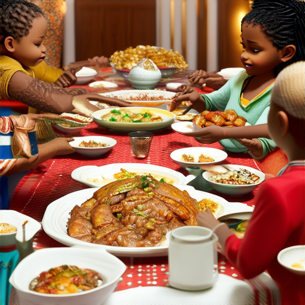 Repas de famille afro-américaine traditionnel, réunis autour d'une grande table avec des plats faits maison typiques