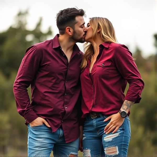 Man and woman kissing. Both wearing a maroon shirt with ripped jeans