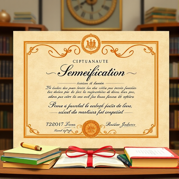 Prompt: Diplôme avec l'inscription en français de médecine avec des bordures dorées sophistiquées, un sceau officiel en relief, une typographie classique et claire sur un fond en parchemin texturé, le tout présenté dans un cadre académique avec des livres et des symboles éducatifs posé sur table dans un cadre