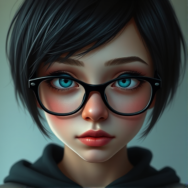 Short black hair, emo teenage girl with big bright blue eyes and wears a black hoodie and large framed black glasses but resting bitch face