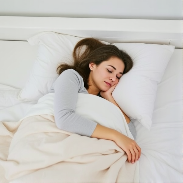 Woman taking a really good nap in a very cozy white bed with a soft blanket.